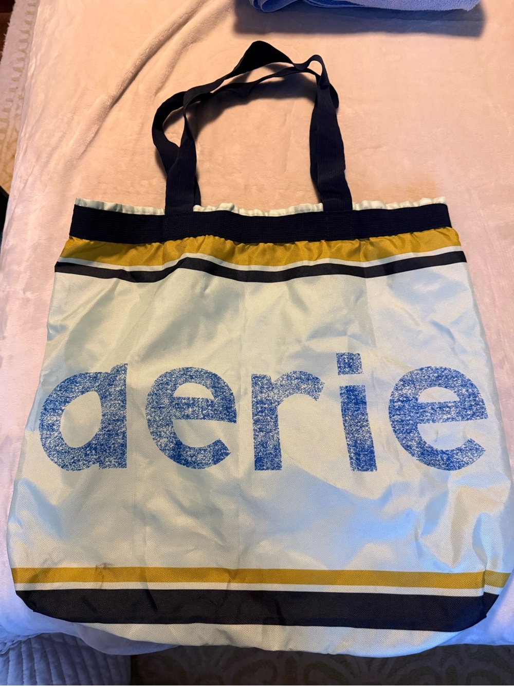 aerie Light Blue Tote with Navy Straps and Yellow Accents